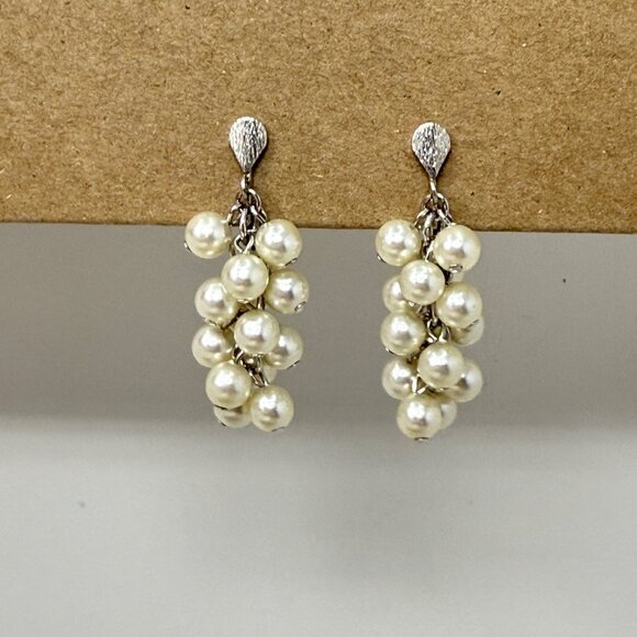 LH Segal Vintage Earrings Cluster Dangle Imitation Pearl Silver-Tone Retro‎ MCM - Picture 1 of 10